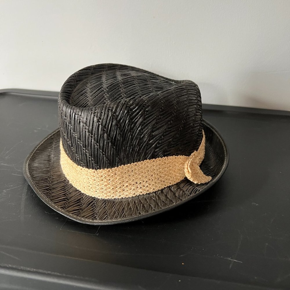 VENTO USA Classic Porkpie Black Straw Hat  |  Vintage 1950's | Sz L